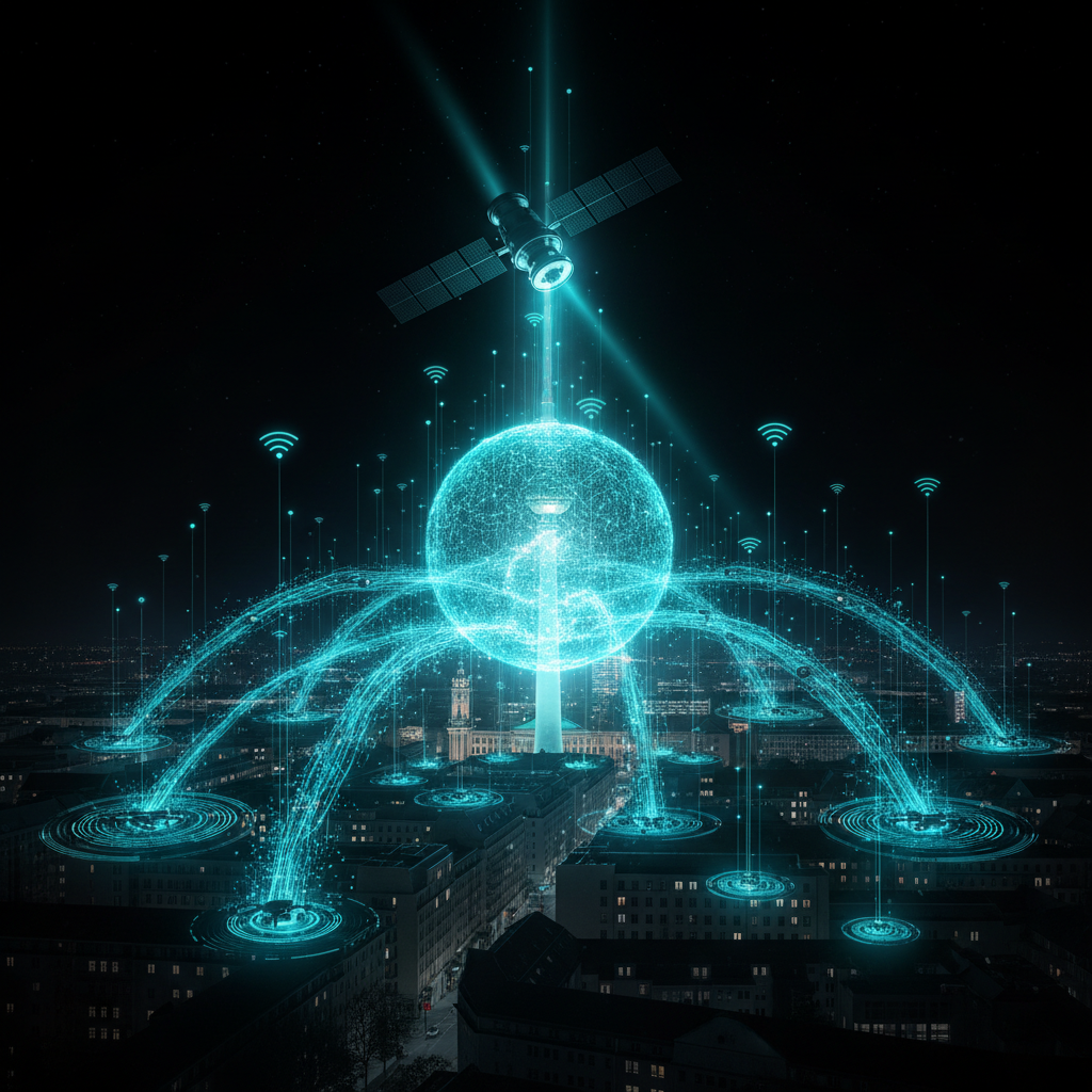 Massive data ecosystem visualization showing Copernicus satellites, drone sensors, and IoT devices feeding into underground detection systems