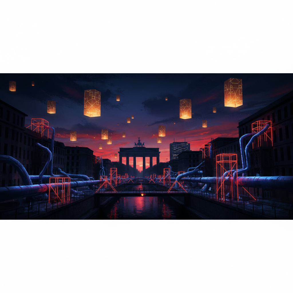 Berlin constraint families visualized as interconnected amber nodes driving innovation directions across urban infrastructure