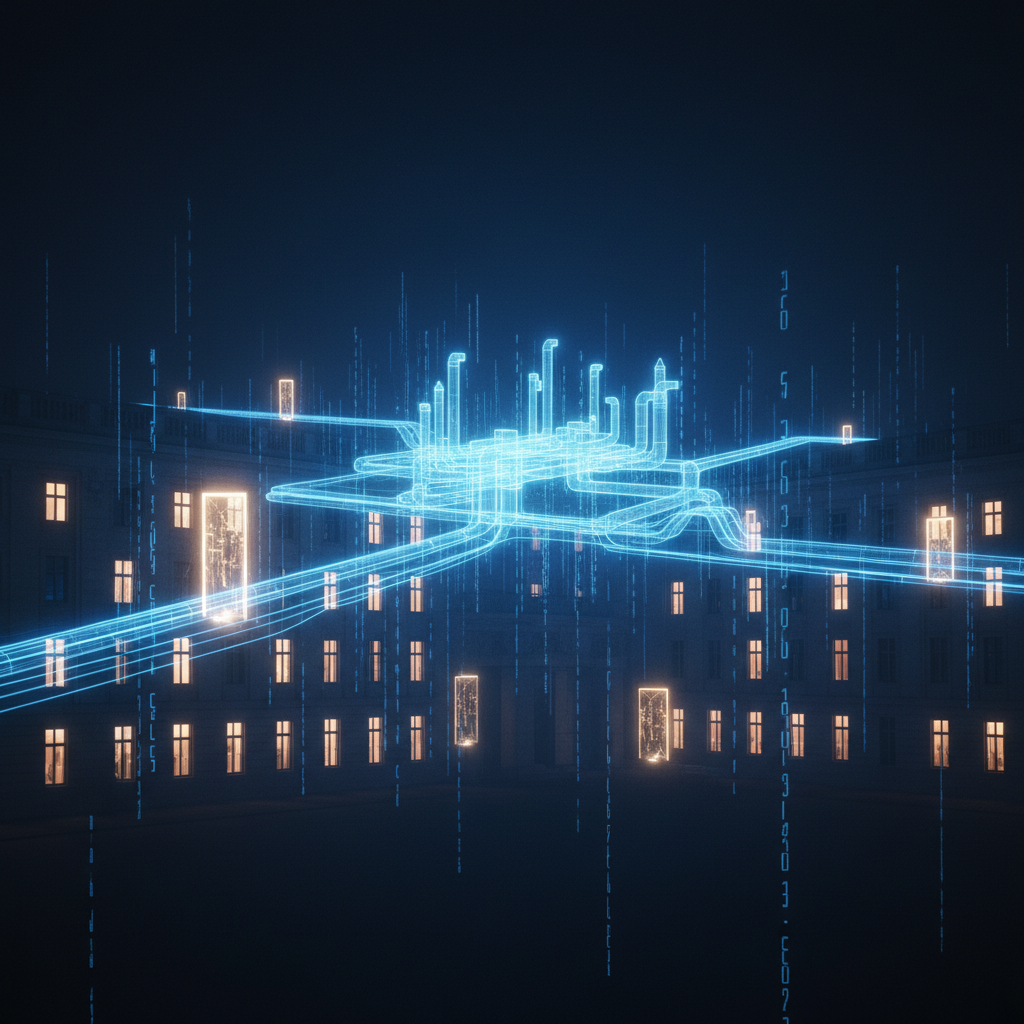 Abstract visualization of open data streams flowing from Berlin government portals into a unified underground infrastructure model