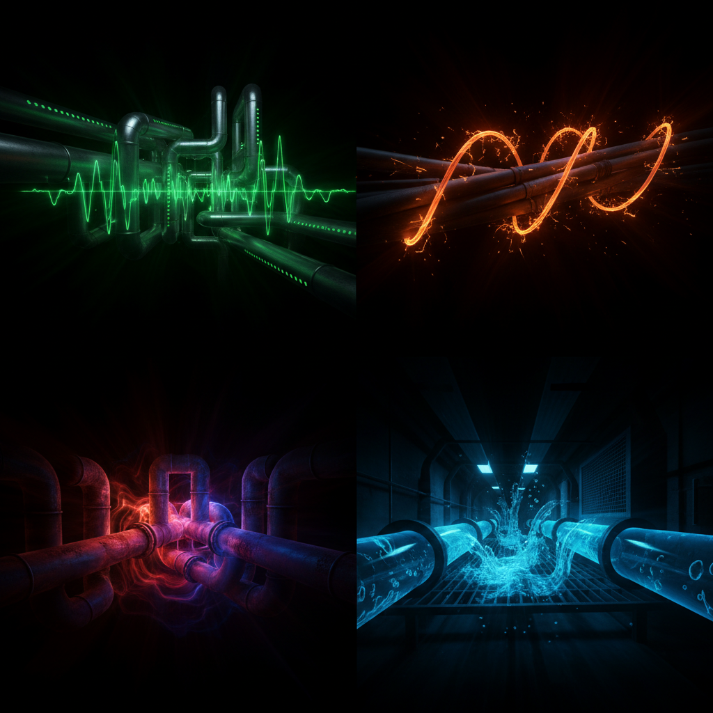 Cross-domain physics signals emanating from buried infrastructure showing acoustic, thermal, and electromagnetic wave patterns