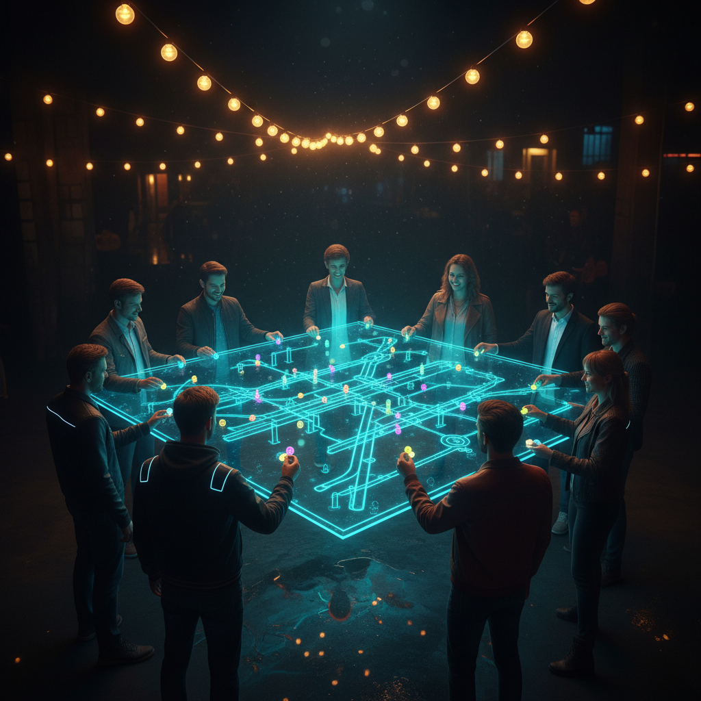 Civic platform visualization showing citizens casting EUR 1 votes that shape underground infrastructure priorities in a 3D Berlin model